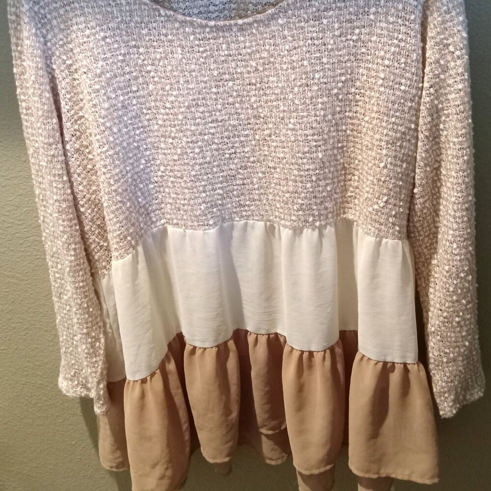 Oh Gussie! or Entro brand long-sleeve knit sweater with a tiered, ruffled chiffo
